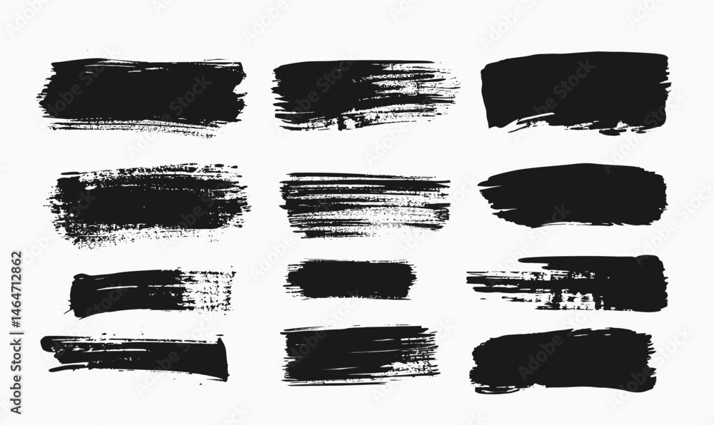Poster set of twelve black ink brush strokes with rough textured edges and varied paint patterns isolated o