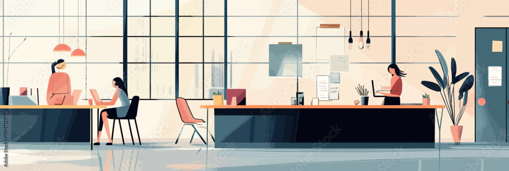 Poster modern spacious coworking space with creative people working at desks using laptops and reading docu