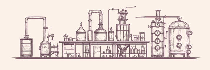 Obraz premium Vintage distillation apparatus sketch for alcohol ethanol production with flasks, pipes, columns, and tanks in flat minimalist style vector illustration