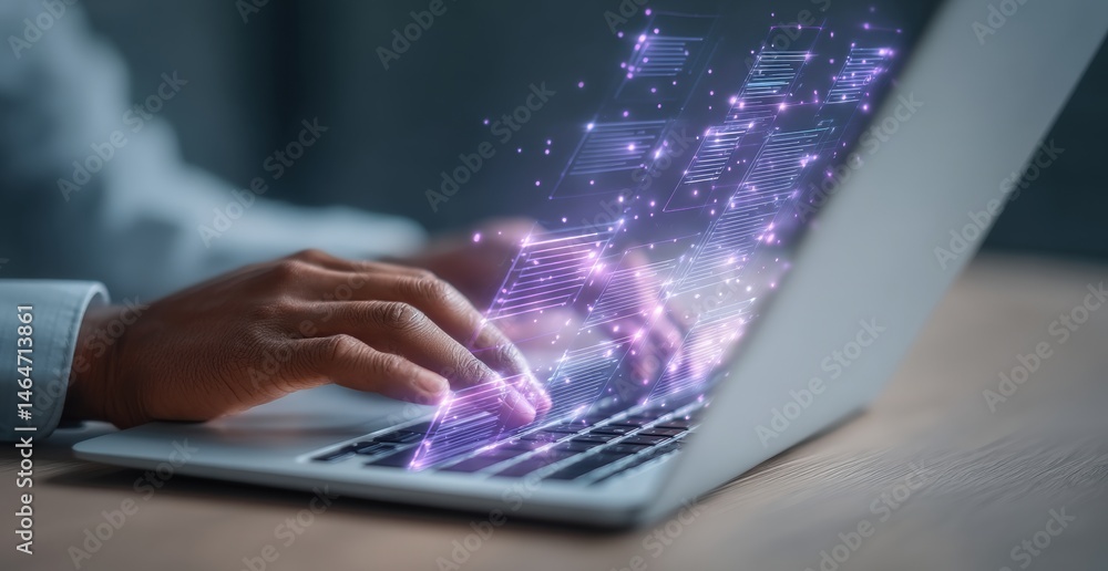 Poster a person engaging with an ai chatbot on a laptop and typing with focus on a creative digital workspa