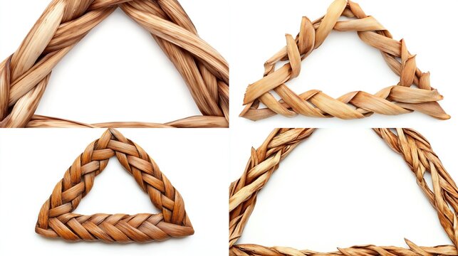 Four triangular frames crafted from interwoven natural fibers