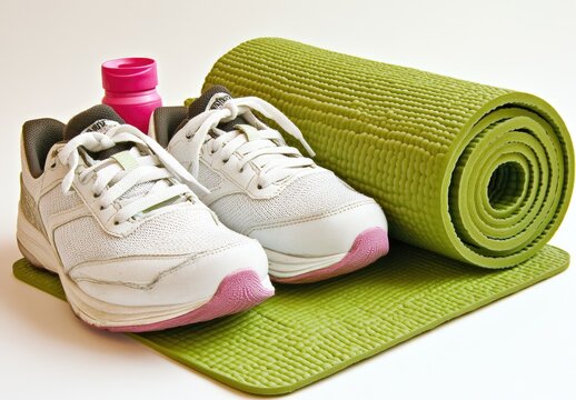 Workout essentials running shoes, exercise mat, and water bottle.  A pair of white running shoes sit atop a rolled up green exercise mat. A small pink water bottle is next to the shoes