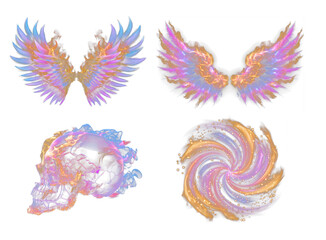Glowing fantasy fire wings, flaming skull, and spiral vortex in vibrant pink, blue, and gold tones on black background, perfect for sci-fi, mystical art, Halloween themes, or fantasy design elements