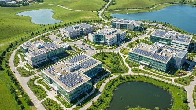 Drone footage showcases a sustainable modern office park nestled in a scenic green landscape near bodies of water featuring solar panels on the rooftops