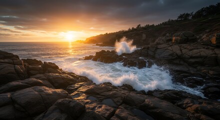 Fototapeta premium Dramatic Coastal Sunset Over Rocky Shore