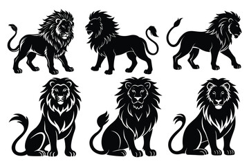 Elegant Sitting and Standing Lion Silhouettes, Tribal Vector Art

