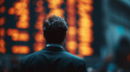Rear view of man in dark suit, facing blurred orange background, conveying contemplation or anticipation