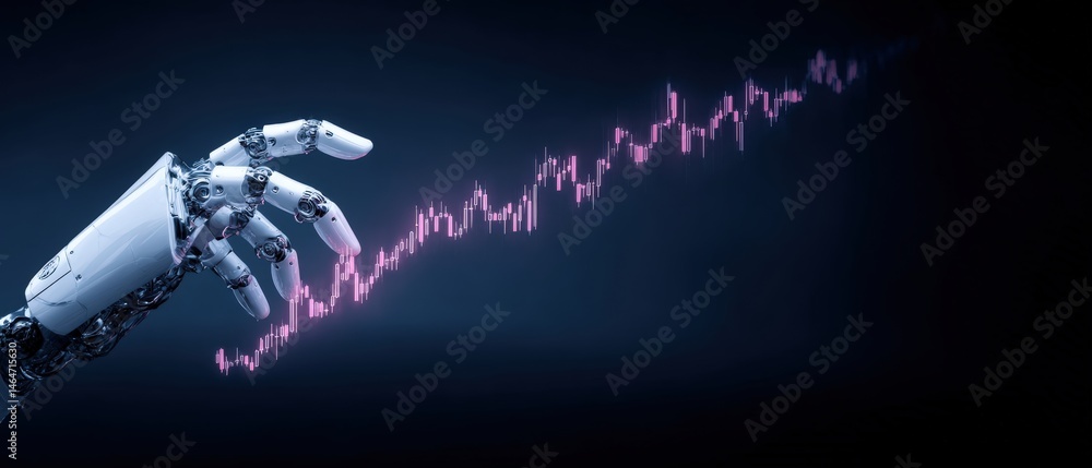 Poster robot hand holding stock chart displaying trading trends with upward movement and financial data rep