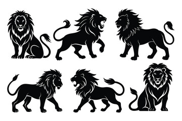Stylized Lion Animal Silhouettes, Walking and Majestic Poses
