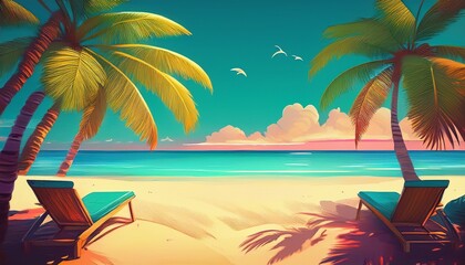 Obraz premium tropical beach scene with palm trees and chairs