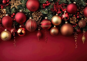 Christmas ornament garland on a red background.  Colorful baubles, pine cones, and berries hang in a festive display