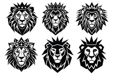 Obraz premium Polygonal Crowned Lion Faces, Sharp Line Vector Style 