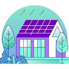 Modern eco-friendly house with solar panels and garden illustration
