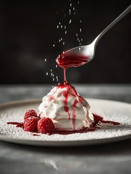 A dramatic shot capturing the moment a spoon breaks into the crisp meringue shell of a rosewater pavlova, revealing the luscious, flowing raspberry compote within.