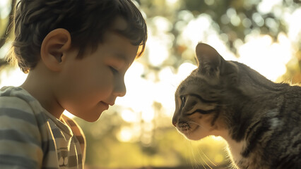 Young boy interacting with cat in warm light