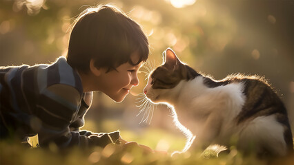 Young boy interacting with cat in warm light