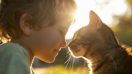 Young boy interacting with cat in warm light