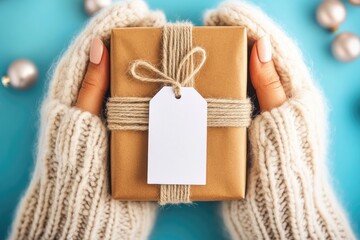 Hands in warm knit gloves hold a gift box.  A blank tag is attached to the box, tied with twine