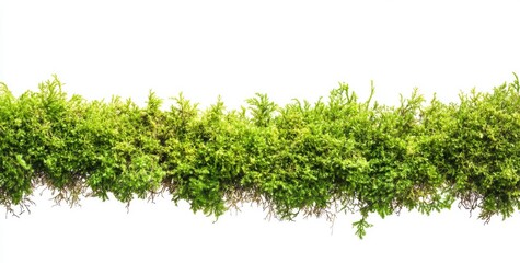 Horizontal band of dense, vibrant green moss.  Close-up view of tiny leaves or stems forming a continuous line against a plain white background.  Ideal for use in design elements