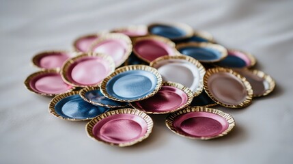 Colorful circular decorations clustered together on a light surface.