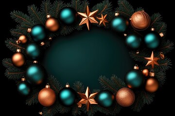 Teal and copper Christmas wreath on dark background