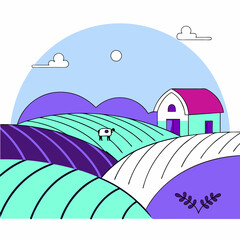Scenic rural landscape with a house, fields, and a sheep in pastel colors