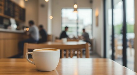 A cup of coffee sits on a wooden table inside a bright cafe setting, with blurred figures in the background enjoying the relaxed atmosphere.