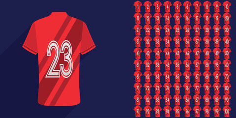Red Soccer Jerseys with Numbers 1 to 100 – Flat Vector Illustration