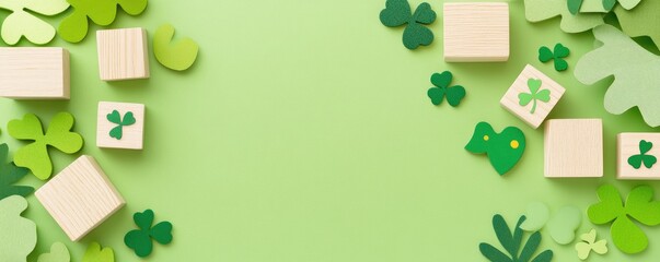 Light wood blocks and shamrocks arranged on a light green background