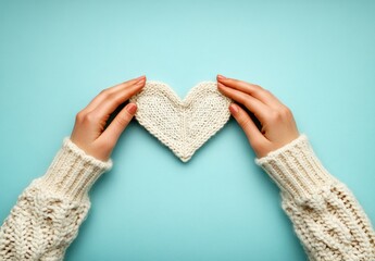 Soft cream-colored knitted heart held gently by hands in cream-colored sweaters.  A simple, warm, and loving gesture on a light teal background