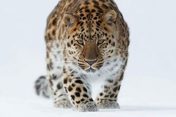 Naklejka premium A rare Amur leopard steps silently on the snow, its fur striking a beautiful contrast against the white ground.
