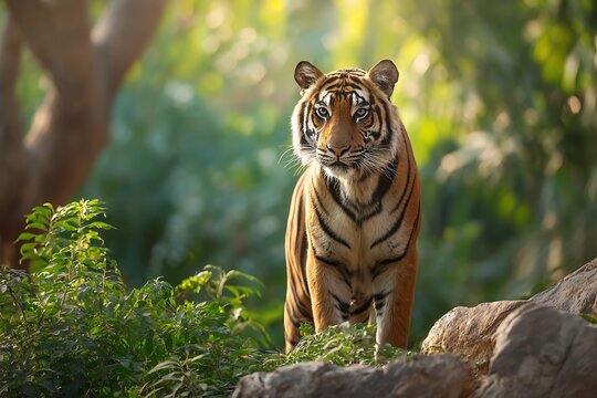 A male Bengal tiger stands on a rock in the middle of a rainforest. Its body has clear stripes. Sunlight shines through the trees and reflects on its fur beautifully.