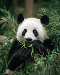 Fototapeta premium Giant pandas sit comfortably eating bamboo in a lush rainforest in China.