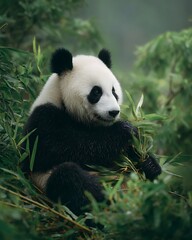 Obraz premium Giant pandas sit comfortably eating bamboo in a lush rainforest in China.