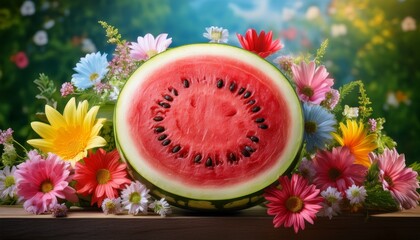 a watermelon is beautifully surrounded by watermelon slices and vibrant flowers