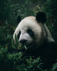 Obraz premium Giant pandas sit comfortably eating bamboo in a lush rainforest in China.