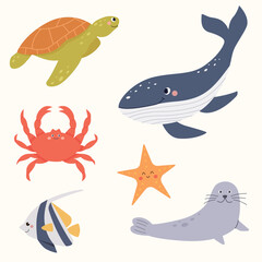 Set of vector hand drawn sea animals characters. Ocean underwater aqua life elements on isolated white background.