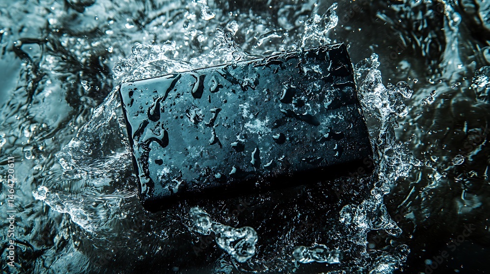 Poster a black object is submerged in splashing and flowing water
