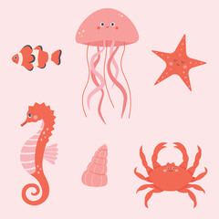 Set of vector hand drawn red colored sea animals. Ocean underwater aqua life elements jellyfish,seahorse,starfish,crab,shell,red fish on isolated pink background.