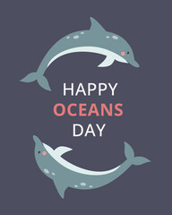 Save the ocean lettering with two funny dolphin on isolated background. World Oceans day concept for t-shirt design, poster,banner, social media,greeting cards.Vector illustration. Save the planet.