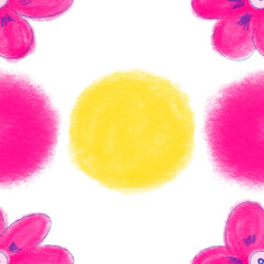 Bold seamless pattern with vibrant pink flowers and yellow circles against a transparent background, evoking creativity and energy, suitable for artistic and decorative purposes or conceptual projects