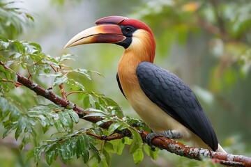 A rare hornbill carries fruit on a high branch in a montane forest. Its black and white feathers and curved beak are particularly striking.