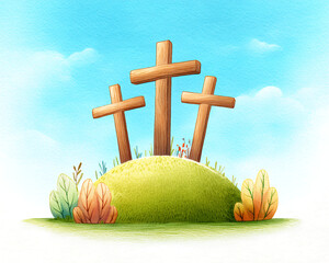 cartoon illustration of three wooden crosses on green hill under blue sky with clouds, peaceful christian symbol for easter religion and faith designs, children book or greeting card background