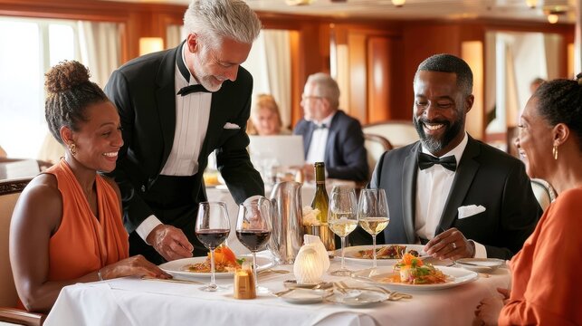 Elegant dining experience with friends in a luxurious cruise restaurant setting