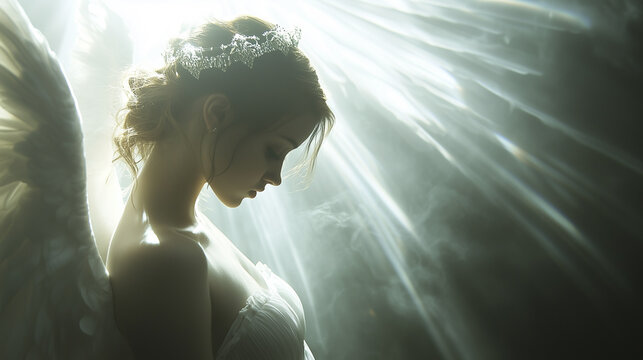 A woman with wings, halo, and light rays, resembling an angelic figure, is depicted in a serene and contemplative pose.