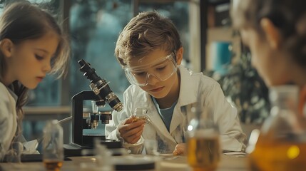 Science class with kids experimenting