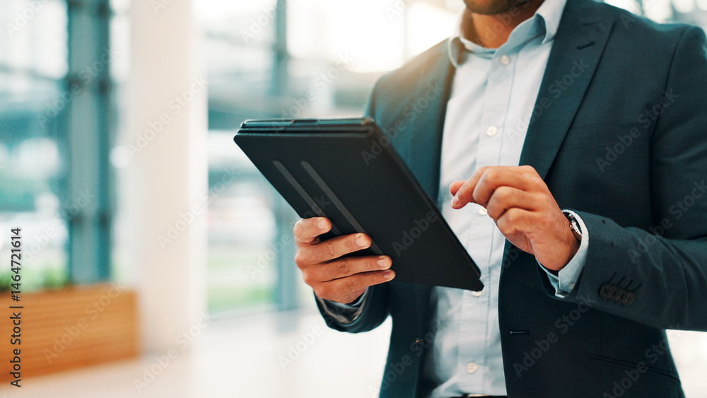 Poster business, hands and tablet with man in office for app, planning or social media browsing. internet, 