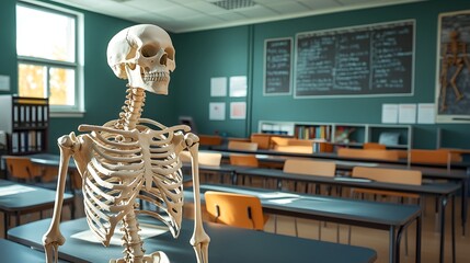 Science classroom with skeleton model