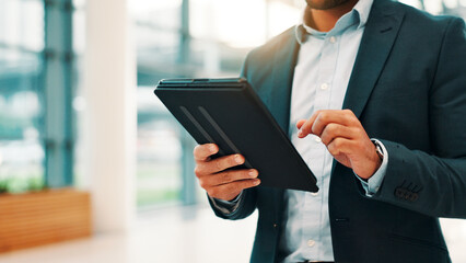 Business, hands and tablet with man in office for app, planning or social media browsing. Internet, search and website with employee person scrolling on device for information, research or update