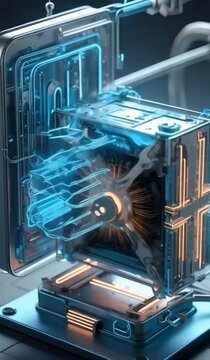 Realistic 3D animation of a hydrogen fuel cell: H₂ splits into H⁺ and e⁻, generating electricity, forming H₂O at the cathode. Scientific visuals with smooth transitions and detailed effects.